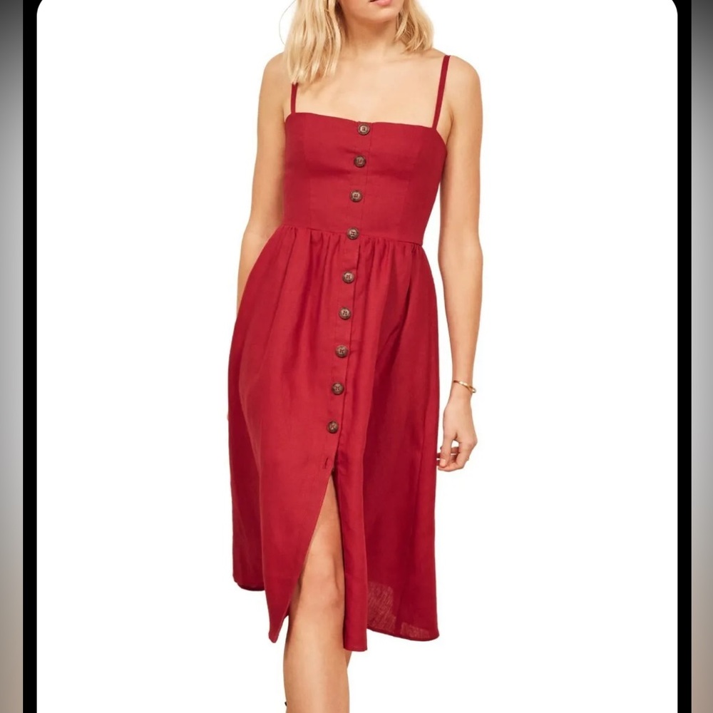 REFORMATION Cherry Red Button Down Smocked TORI Linen Pocket Summer Sun